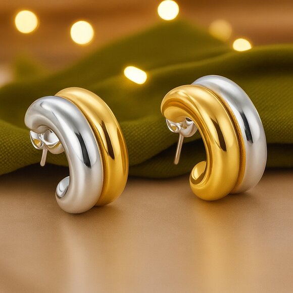 ποΈModern Dual-Tone Chunky Hoops 18K Gold Plated Stainless Steel Trendy Earrings - Picture 9 of 9